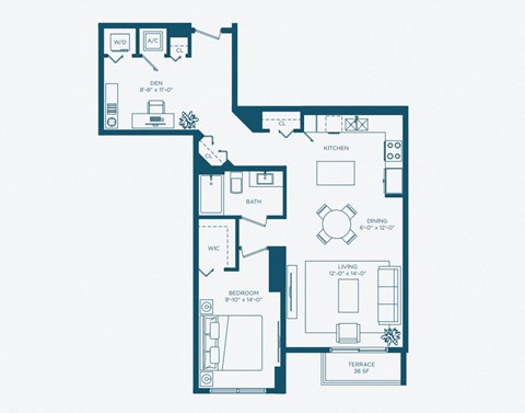 Floor plan for 1 bed, 1 bath, 990 sqft